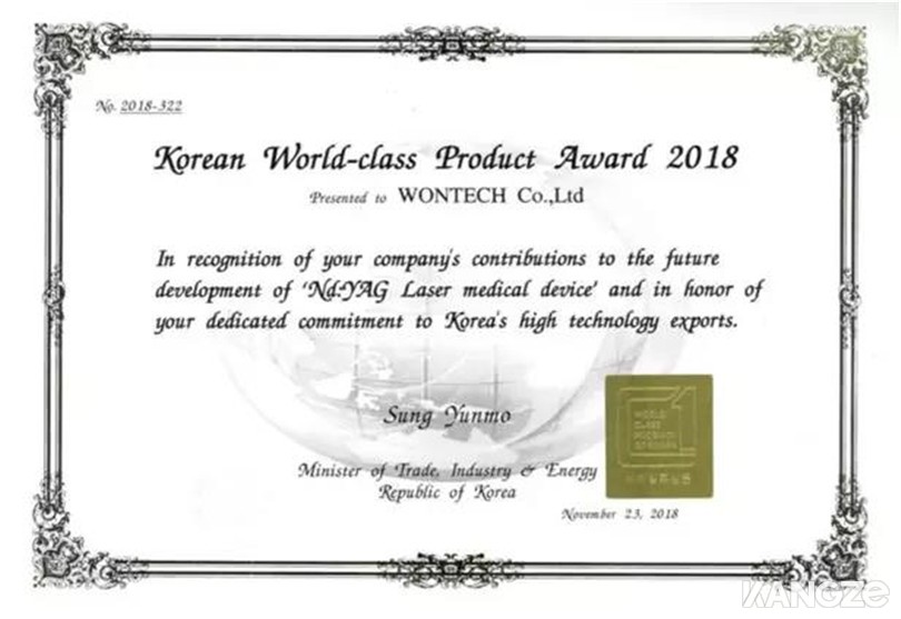 2018年被工业贸易部评为韩国世界级产品奖，PICOCARE (Nd:YAG皮秒激光)在韩国高科技出口的未来发展中具有重要的价值。